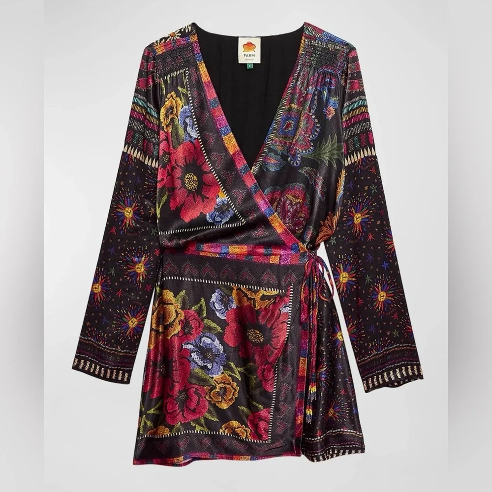 Farm Rio Black Mixed Scarves Mini Dress - Picture 2 of 14